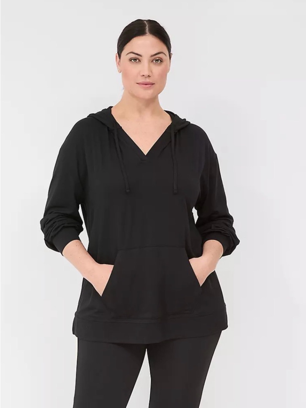 Lane Bryant LIVI Soft V-Neck LIVI Hoodie, Black, 26/28
